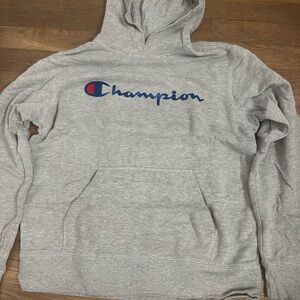 Big kids Champion Heather Gray Hoodie with Blue Logo